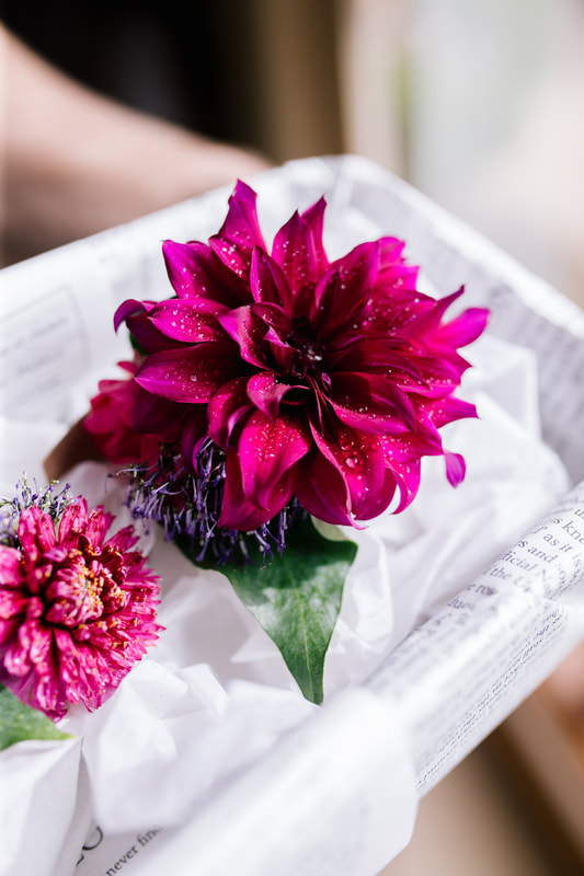 Jewel toned buttonhole featuring a dahlia. 